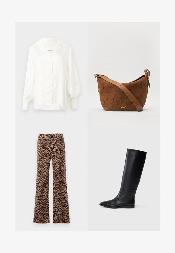 Hvid bluse med et tekstureret mønster, overdreven krave og pufærmer. Har knaplukning og smockede manchetter. Letvægtsstof.; Bredde bukser med leopardprint i beige og sort, der har en glat tekstur og tapered kant. Designet med standard talje og lommer.; Sort læder knæhøje støvler med spidse tæer og minimalistisk design. Glat tekstur og flad sål, der har diskrete side syninger.; Brun ruskinds skuldertaske med prægede blomsterdesign, suppleret af en glat brun læderrem og akcenter i guldfarvet metal.