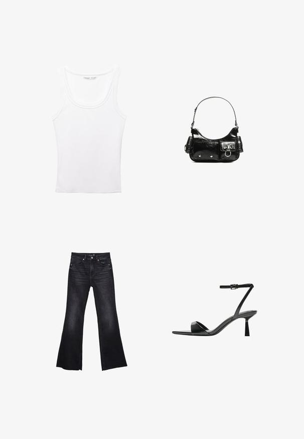 PULL&BEAR Top - white; Črne široke kavbojke iz denima z rahlo zbledelim videzom. Imajo sprednje žepke, zadrgo in vidne šive.; Bershka Sandali z visoko peto - black; Črna lakasta usnjena torbica s ukrivljeno obliko, enim ramenskim trakom, sprednjimi žepi in srebrnimi kovinskimi dodatki.