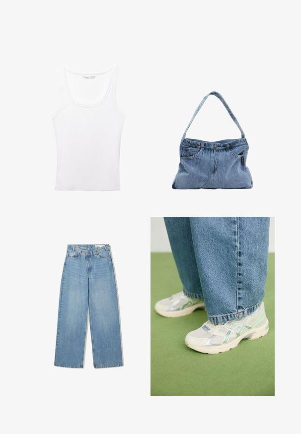 PULL&BEAR Top - white; Light blue wide-leg jeans made of denim, featuring a high waist, five pockets, button closure, and subtle fading for texture.; White and silver mesh sneakers with green accents worn with loose blue jeans standing on a green carpeted floor.; Denim shoulder bag with a curved strap, two front pockets, and a buttoned top, featuring light blue fabric and contrasting stitching details.; Silver hoop earrings with a smooth, polished finish. Features a unique oval shape and a secure clasp design. Marked "925" for sterling silver.