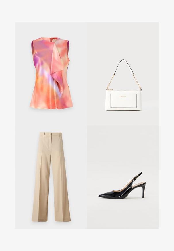 Top sem mangas em tecido de cetim, apresentando um padrão abstrato colorido em tons de rosa, laranja e violeta, com um design frontal drapeado.; Calças largas bege feitas de tecido suave, com frente plana com pregas, fecho de correr e passantes para cinto. Ajuste entalhado no geral.; Sandal com salto em verniz preto, bico fino, salto esguio e um design de recorte subtil. Apresenta uma fivela dourada na alça.; Bolsa de mão branca em couro com acabamento texturizado, featuring a corrente dourada e detalhes pretos. Inclui um bolso frontal e fecho com zipper.