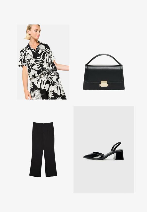 LolaLiza WITH TROPICAL PRINT - Hemdbluse - black; Schwarze Hose mit geradem Schnitt, ausgestattet mit Fronttaschen und Seitenschlitzen am Saum. Hergestellt aus weichem, glattem Stoff. Geeignet für verschiedene Anlässe.; Schwarze Lackleder-Slingback-High Heels mit spitzem Schuh und einem geometrischen Blockabsatz. Verfügt über ein schlankes, minimalistisches Design und eine glatte Textur.; Schwarze Lederhandtasche mit strukturiertem Design, oberem Griff und einem goldenen Metallschnappverschluss auf der Vorderseite. Glatte Textur, minimale Nähte.