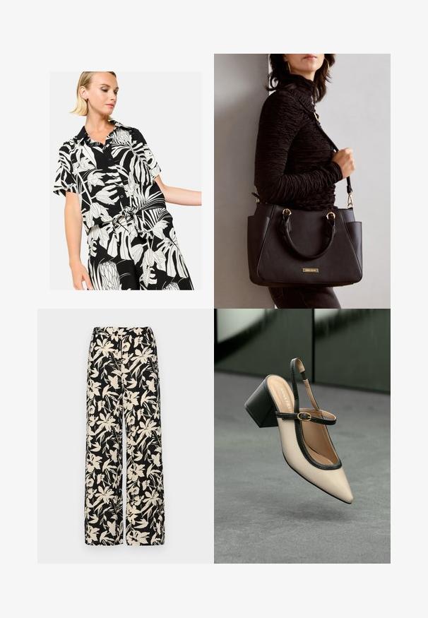 LolaLiza WITH TROPICAL PRINT - Pogājama blūze - black; Melni platie bikses ar krēmkrāsas ziedu rakstu. Izgatavotas no viegla auduma, kuram ir gluda tekstūra un augsta jostasvietas daļa.; Bēša augstpapēžu kurpe ar atvērtu papēdi, smailu purngalu, melnu apmali un sprādzes detaļu. Gluds materiāls ar matētu apdari, vidēja izmēra bloka papēdis.; Melnā rokassoma ar teksturētu virsmu, diviem augšējiem rokturiem un regulējamu pleca siksnu. Iespējas ar zelta krāsas aparatūru un sānu kabatām.