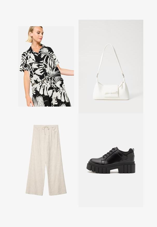 LolaLiza WITH TROPICAL PRINT - Button-down blouse - black; Wide-leg trousers in a light cream fabric, featuring a textured floral pattern, elastic waistband, and front pockets.; Black leather platform shoes with a chunky block heel, round toe, and traditional lace-up design. Features smooth texture and minimal detailing.; White synthetic handbag with a triangular shape, flat front flap and bow detail, adjustable strap, smooth texture, and minimalistic design.