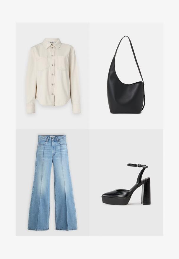 Cămașă din denim bej, cu mâneci lungi, închidere cu nasturi, două buzunare pe piept și guler clasic. Textură moale cu detaliu de tiv rotunjit.; Jeans de culoare bleu deschis, cu talie înaltă și picioare largi, buzunare frontale și din spate, bucle pentru curea și detalii cu cusături verticale pe față.; Pantofi cu toc platformă negri, cu vârful ascuțit și curea reglabilă la gleznă. Confecționați din piele netedă, având un toc gros.; Geantă hobo din piele neagră, cu o textură netedă, formă curbată și un singur bretele ajustabil; are o deschidere largă în partea de sus.