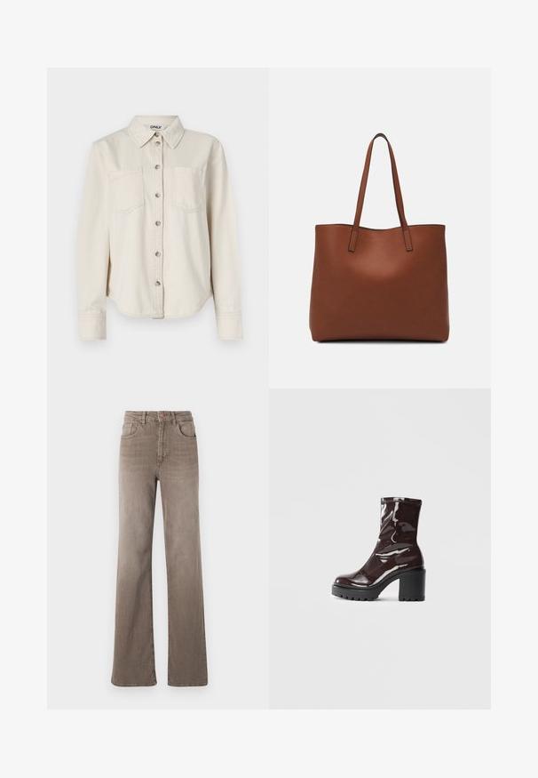 Bež košulja od trapera s dugim rukavima, s kopčanjem sprijeda, s dva džepa na prsima i klasičnom kragnom. Mekana tekstura s zaobljenim rubom.; Smeđe traperice visokog struka ravnog kroja s prednjim gumbom, petljama za pojas i klasičnim dizajnom od pet džepova na bijeloj pozadini.; Sjajna burgundska čizma do gležnja s debelim crnim potplatom, koja se odlikuje glatkom teksturom i jednostavnim dizajnom. Nema vidljivih kopčanja ili uzoraka.; Smeđa kožna torba preko ramena s glatkom teksturom, otvorenim vrhom i dvjema naramenicama. Ima minimalne šavove i nema vidljivog hardvera.