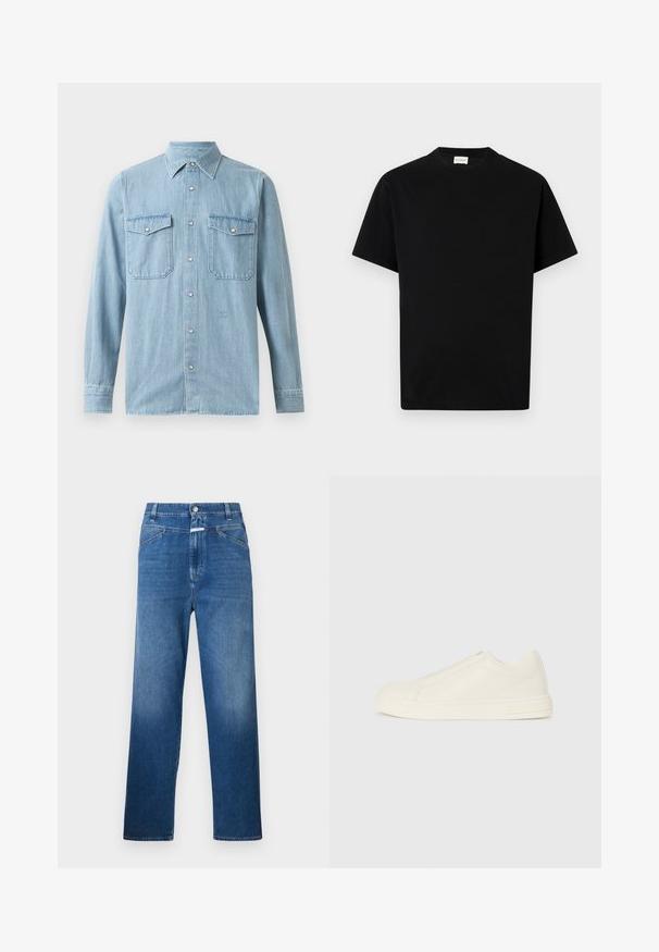 Šviesiai mėlyna džinsinė marškiniai su sagų užsegimu, smailiu apykakle, dviem krūtinės kišenėmis ir užsegamais rankovėmis. Lygus paviršius su minimaliais akcentais.; Juodas medvilninis marškinėliai su apvaliu iškirpimu, trumpomis rankovėmis ir tiesiu siluetu. Be matomų raštų ar metalinių detalių.; Mėlynos džinsinės kelnės tiesaus kirpimo, su sagų uždarymu, diržo kilpomis ir lengvu blukimu ant šlaunų.; Žemi, bežiniai odiniai sportbačiai su apvalia nosimi, minimaliais siūlais ir šoniniu užtrauktuku ant baltos fono.