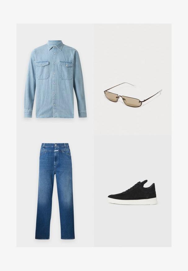 Lyseblå denimskjorte med knappelukking foran, spiss krage, to brystlommer og knappefeste vedermansjettene. Jevn tekstur med minimal detaljering.; Blå denim jeans med rette ben, som har knappelukking, belteholdere og subtil falming på lårene.; Sorte semskede sneakers med hvit gummisåle, med tonale sømmer og snøring. Glatt tekstur med en moderne, strømlinjeformet form.; Brune metalliske rektangulære solbriller med brune tette linser og tynne, klare tempeltipper, med et minimalistisk design og subtil merkevare.