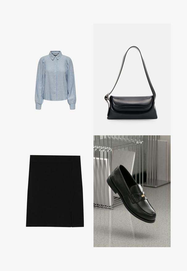 Camicia azzurro chiaro con strisce bianche verticali, caratterizzata da un colletto classico e maniche lunghe a sbuffo con polsini gather.; Gonna nera mini realizzata in tessuto morbido con un design aderente, caratterizzata da una leggera apertura sul lato per un tocco di stile in più.; Mocassini in pelle nera con una finitura liscia, caratterizzati da una fascia decorativa e un piccolo accento dorato. La suola è piatta con una punta arrotondata.; Borsa a tracolla nera in pelle con una forma strutturata, una texture liscia e una singola tracolla. Presenta un design a patta arrotondata e discreta.