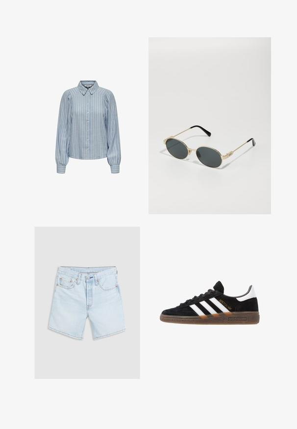 Light blue button-up shirt with white vertical stripes, featuring a classic collar and puffed long sleeves with gathered cuffs.; Light blue denim shorts with a faded finish. Features five pockets, a button closure, and orange stitching accents. Classic straight cut.; Black Adidas sneaker with white stripes, gold "Spezial" text, gum sole, and white heel tab, shown in profile view.; Gold metal sunglasses with oval lenses and dark tinted lenses. Black acetate tips on the arms. Brand name "QUAY" on the side.