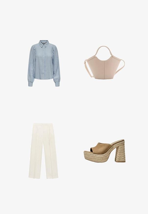 Light blue button-up shirt with white vertical stripes, featuring a classic collar and puffed long sleeves with gathered cuffs.; Wide-legged trousers in a light cream color. Made from a smooth fabric with pleats at the front and side pockets.; Brown suede platform mules with an open toe, featuring a chunky braided jute heel and a smooth, rounded upper design.; Beige leather handbag with a unique shape, featuring two short handles and a long adjustable strap. Smooth texture with minimal hardware.