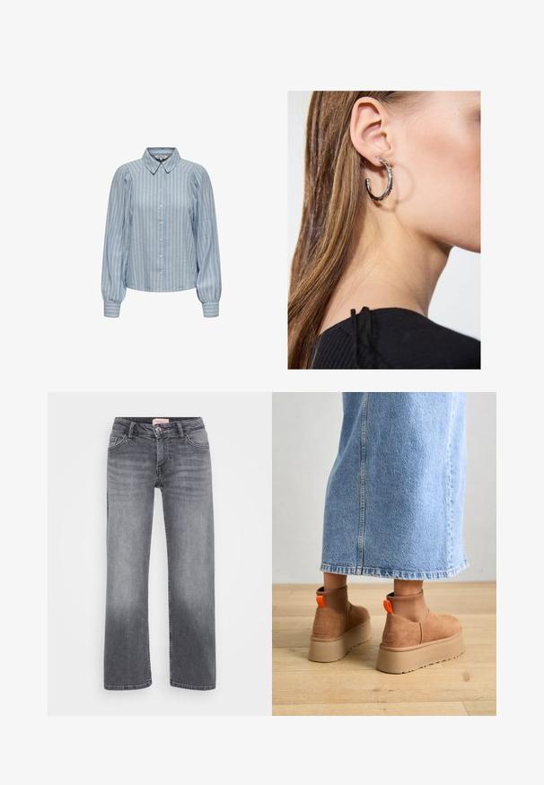 Lysblå skjorte med hvide lodrette striber, med klassisk krave og puflange ærmer med samlede manchetter.; Grå denim jeans med lige bendesign, fem-lommestil, subtil fading og trykknaplukning i taljen.; Brune ruskinds platform støvler med elastiske sidepaneler og orange trækstropper, parret med en knælang lys denimnederdel på et trægulv.; Sølv hoop ørestik med en poleret overflade, prydet med små guld accenter og en rund form, båret på øreflippen.
