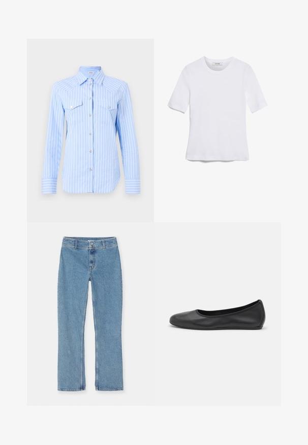 Lyseblå stribet skjorte med knapper og lange ærmer, to brystlommer og sølvfarvede knapper. Stoffet fremstår glat og let.; Hvid kortærmet t-shirt lavet af ribbet stof. Rund halsudskæring, almindelig pasform og subtile syninger. Ingen mønstre eller grafik.; Lyseblå denim jeans med lige ben, med knap- og lynlåslukning, bæltesløjfer og standard syninger på en hvid baggrund.; Sort læderballetsko med rund tå, glat tekstur, minimal syning og et fleksibelt såldesign.