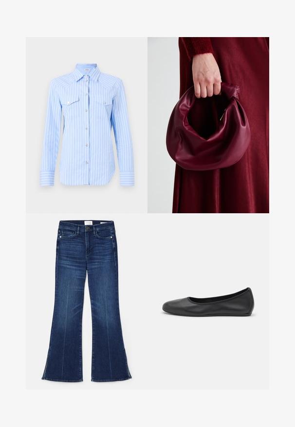 Camicia button-up a righe blu chiaro con maniche lunghe, due tasche sul petto e bottoni in tono argento. Il tessuto sembra liscio e leggero.; Jeans a zampa d'elefante blu scuro in denim. Caratterizzati da una vita alta, tasche anteriori e dettagli con spacco all'orlo. Design classico a cinque tasche.; Pantofole da balletto nere in pelle con punta arrotondata, texture liscia, dettagli di cucitura minimi e design con suola flessibile.; Borsa in pelle bordeaux con un design morbido e arricciato e una forma arrotondata. Il manico è fissato, mostrando una texture liscia.