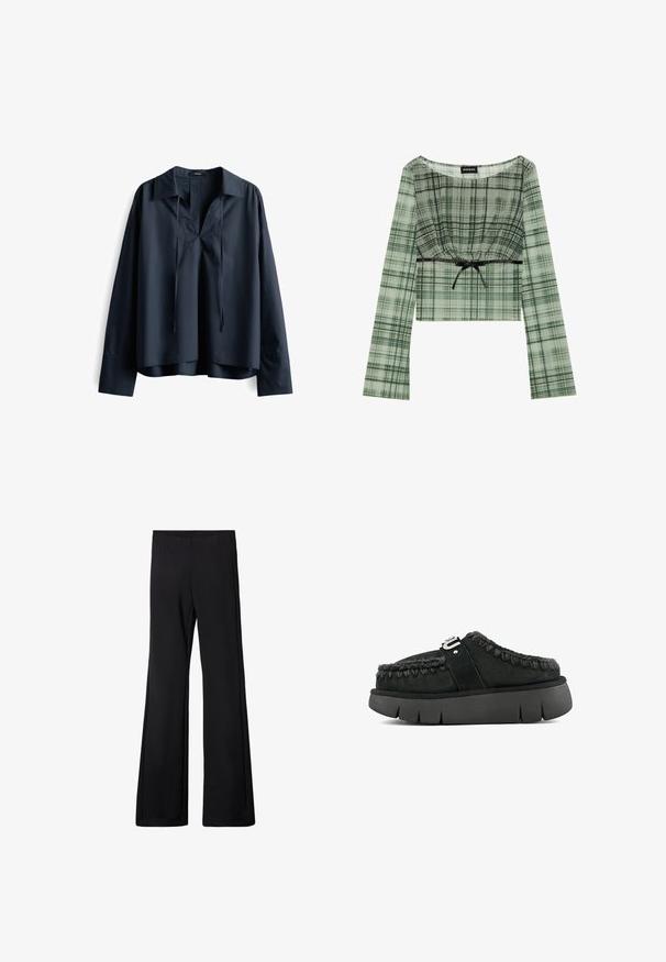 Blusa in cotone blu navy con scollatura a V, maniche lunghe e taglio rilassato. Presenta cordini alla scollatura e un orlo curvo.; Crop top a quadri verdi con maniche lunghe, caratterizzato da un colletto arricciato e un accento in nero con fiocco in vita. Realizzato in tessuto leggero.; Pantaloni neri a zampa d'elefante con cintura elastica, realizzati in un tessuto morbido e elasticizzato, caratterizzati da una texture liscia e senza motivi o accessori visibili.; Scarpa nera in suede senza lacci con bordo in pelliccia, cuciture intrecciate e suola spessa nera. Presenta una fascia con logo sulla parte superiore.