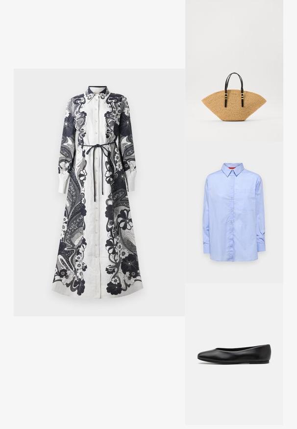 Camisa de manga larga azul claro con cuello abotonado, bolsillo frontal y una textura de tela suave. Presenta botones a lo largo del frente.; Vestido largo abotonado hecho de una tela ligera. Predominantemente blanco con intrincados patrones florales y paisley en color navy. Detalle de cintura atada.; Paul Smith TOPANGA - Bailarinas - black; Bolso de paja con una forma de abanico única, textura tejida beige y asas de cuero negro con hebillas en tono dorado. Correa ajustable para mayor versatilidad.