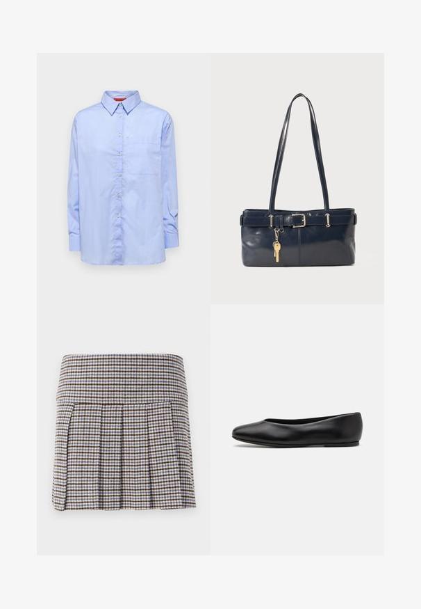 Camicia azzurra a maniche lunghe con colletto button-down, tasca frontale e texture del tessuto liscia. Presenta bottoni lungo la parte anteriore.; Gonna plissettata con un motivo a quadri nei toni marrone, beige e blu. Realizzata in un tessuto texturizzato con una vita aderente e pieghe decorative.; Paul Smith TOPANGA - Ballerine - black; Borsa a mano in pelle blu con due manici lunghi, un dettaglio con fibbia e un portachiavi attaccato. Presenta una texture liscia e una forma rettangolare.