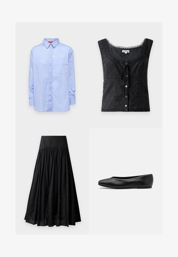 Lichtblauwe blouse met lange mouwen, een button-down kraag, een borstzak en een gladde stofstructuur. Heeft knopen langs de voorkant.; Zwarte mouwloze top met bloemembroidery, ronde hals, knoopsluiting en kantdetails. Bevat een strik aan de voorkant.; Zwart maxi-jurk van katoen met een geborduurde tailleband. Heeft gathered stof en perforaties langs de zoom.; Paul Smith TOPANGA - Ballerina's - black