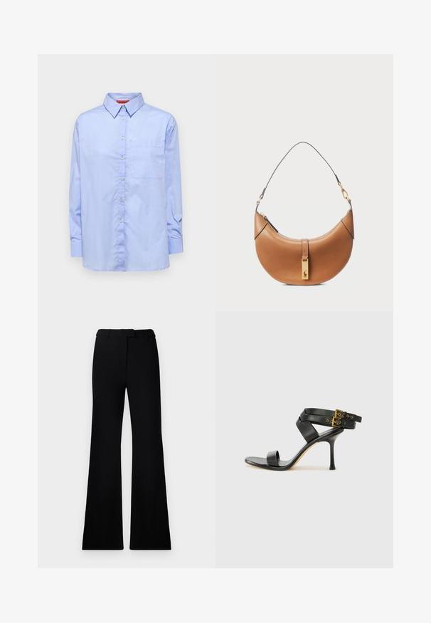 Helesinises pikkade varrukatega särk, millel on nööpidega krae, eesmine tasku ja sile kangas. Kümned nööbid esiääl.; Mustad flared püksid, millel on sile tekstuur, kohandatud vöökoht ja ees olevad taskud, kujundatud laisa, modernse siluetiga.; Mustad mustand koos ristatud rihmade ja reguleeritava pandlaga. Omab siledat tekstuuri ja kitsenevat stiletto kontsa.; Klassikaline pruun nahast käekott, millel on kumer kuju, kullatud metallist detailid ja õhuke õlarihm. Kotil on lukuga sulgemine ja logo detail esiküljel.