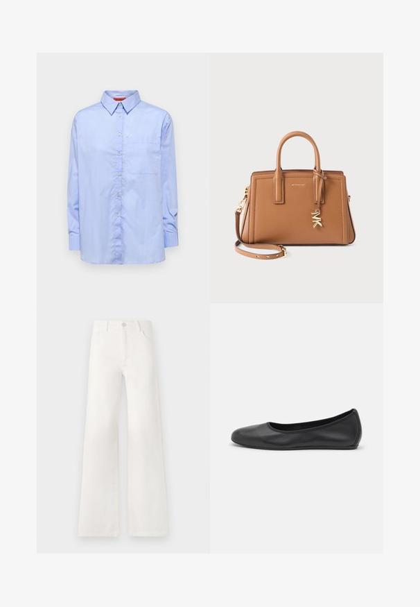 Lyseblå langærmet skjorte med krave, lomme foran og en glat tekstur. Har knapper langs fronten.; Hvide, højtaljede bukser med bred ben lavet af denim. Har en knaplukning, to forlommer og sidesømme med syningsdetaljer.; Sort læderballetsko med rund tå, glat tekstur, minimal syning og et fleksibelt såldesign.; Brun læderhåndtaske med dobbelte håndtag, aftagelig rem, guldfarvet "MK" charme og Michael Kors-logo foran.