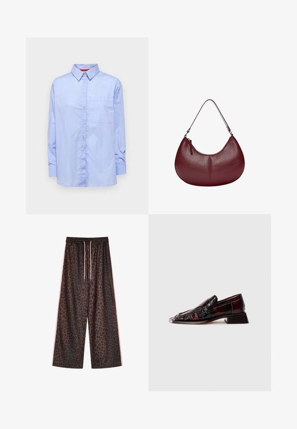 Light blue long-sleeve shirt with a button-down collar, front pocket, and a smooth fabric texture. Features buttons along the front.; Leopard print wide-leg pants in brown and black, featuring an elastic waistband with pink drawstrings and side pink stripes. Smooth fabric texture.; Dark burgundy patent leather loafer with textured finish, low block heel, and classic penny strap detailing, shown from the side.; Burgundy leather handbag with a curved shape. Features a single shoulder strap and a top zipper, showcasing a smooth, textured surface.