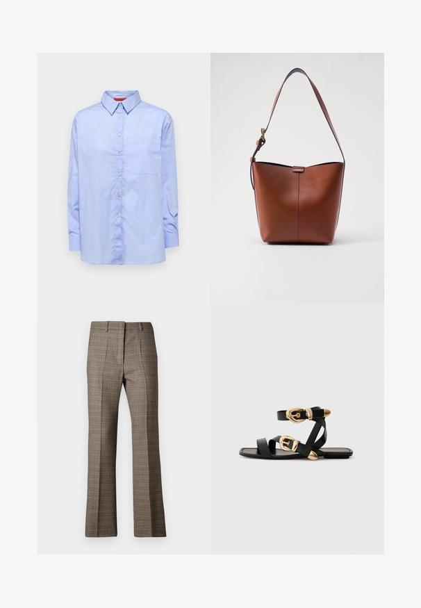 Light blue long-sleeve shirt with a button-down collar, front pocket, and a smooth fabric texture. Features buttons along the front.; Brown plaid trousers with a straight leg cut, featuring a textured fabric and subtle colors of beige and darker browns throughout the pattern.; Black leather sandals with gold buckle accents, featuring multiple straps and a flat sole design for open-toe wear.; Brown leather shoulder bag with a curved shape, smooth texture, and a single thin strap. Features a subtle seam and a small logo detail.