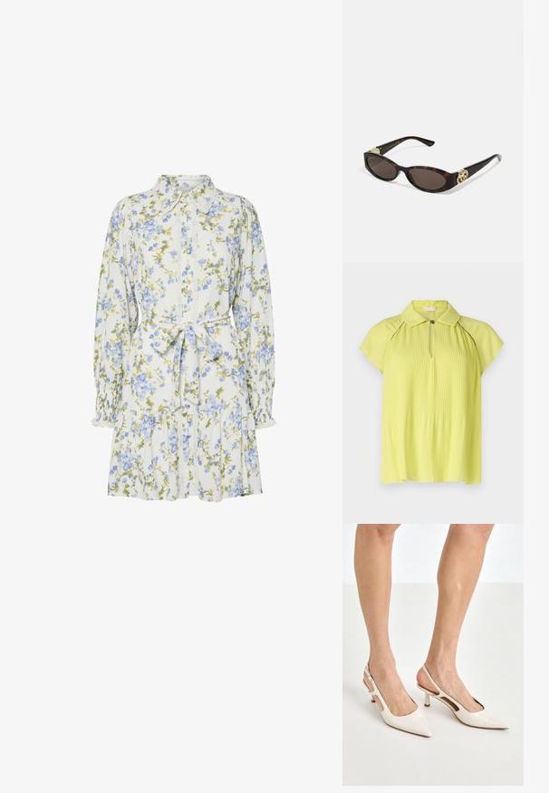 Blusa amarela pregueada com colarinho, mangas curtas e fecho zip. Textura suave com um brilho sutil, apresentando realces oscuros nas costuras.; Vestido floral em branco com flores azuis e verdes, apresentando um colarinho, fecho frontal com botões, mangas longas com punhos elásticos e um cinto na cintura.; Saltos slingback de verniz bege com bico fino e salto de 5 cm, apresentando lados recortados e uma tira fina no tornozelo.; Óculos de sol de tartaruga com lentes ovais alongadas, tom castanho, acentos de logotipo dourado nas hastes e hastes pretas elegantes.; Bolsa de mão branca com superfície de tecido franzido, alça de corrente em tom dourado e fecho de metal. Apresenta pétalas texturizadas para um detalhe adicional.