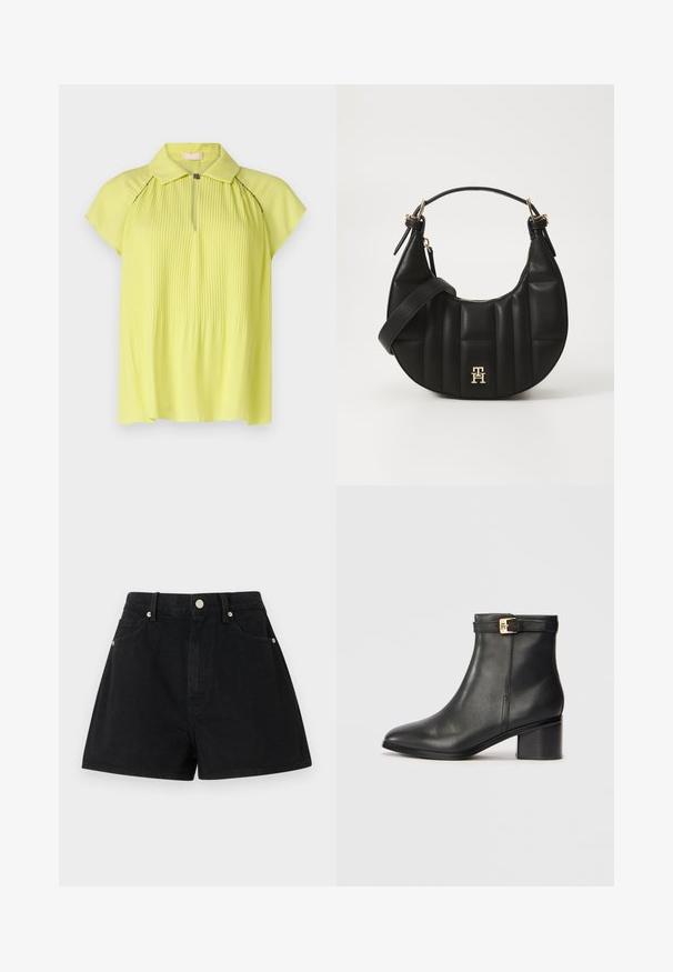Blouse jaune plissée avec un col, des manches courtes et une fermeture éclair à l'avant. Texture lisse avec un subtil éclat, mettant en avant des accents de couture foncés.; Shorts en denim noir taille haute, cinq poches, accessoires en métal argenté et coupe standard, présentant une texture lisse et des finitions soignées.; Bottines en cuir noir avec une texture lisse, bout arrondi et un accent en boucle dorée sur la sangle de la cheville. Design à talon carré.; Sac à main en cuir noir avec une forme incurvée, texture matelassée et quincaillerie dorée. Dispose d'une bandoulière amovible et d'un détail de logo.