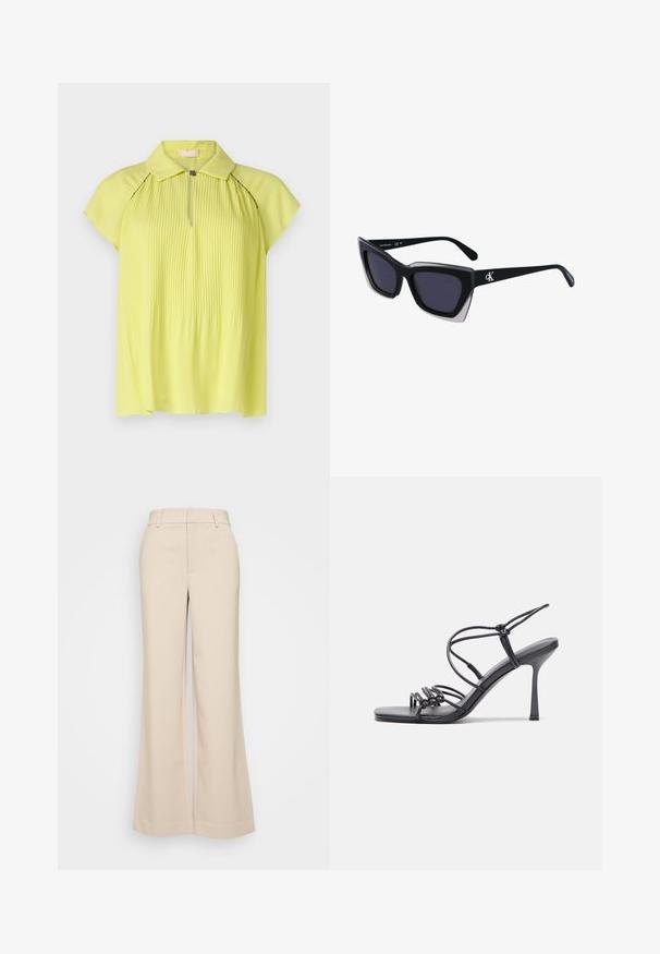 Sárga pliszírozott blúz gallérral, rövid ujjal és cipzáras elülső résszel. Simaságot biztosító textúra finom fényességgel, sötét varrás kiemelésekkel.; Beige, bő szárú nadrág sima textúrával, magas derékkal és két elülső zsebbel. Tiszta dizájn, elegáns szabású.; Fekete magas sarkú szandálok vékony pántokkal, csomózott mintával, sima négyzetes orral és karcsú stiletto sarkal rendelkeznek.; Fekete, nagyméretű napszemüveg geometrikus formával, sötét lencsékkel és kontrasztos szürke részlettel a kereten. Logó a szárán.; Ezüst fém fülbevalók sima, csepp alakú formával és fényes felülettel. Finom gravírozások teszik részletessé. Minimalista dizájn.