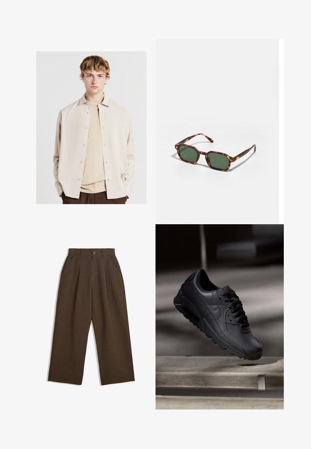 Calliope Hemd - corda; Braune Plisseehosen mit weitem Bein, ausgestattet mit einem Knopfverschluss und seitlichen Taschen, aus strukturiertem Stoff, der sich gut für Freizeitkleidung eignet.; Schwarze Nike Air Max Sneaker mit einem strukturierten Leder-Obermaterial, Gummisohle und auffälligem Schnürsystem, das ein schlankes, modernes Design präsentiert.; Schildpatt-Sonnenbrille mit grünen Gläsern, in einer achteckigen Form und schlanken, gebogenen Bügeln. Das Material hat eine glänzende Oberfläche.
