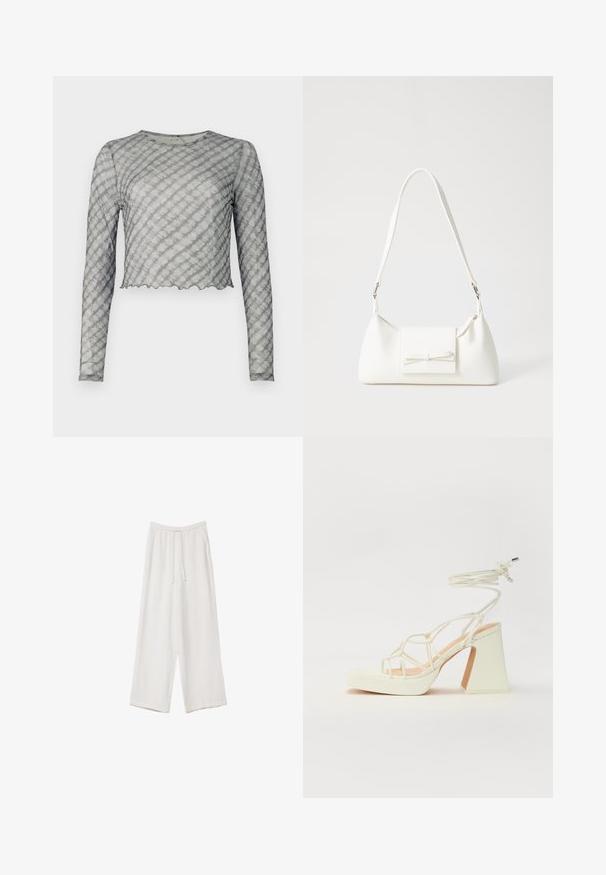 Langärmliges, kurzes Oberteil aus durchsichtigem Grau mit hellen diagonal gestreiften Mustern. Verfügt über einen runden Hals und einen gewellten Saum. Weicher Stoff, figurbetonte Form.; Weiße weit geschnittene Hose aus leichtem Stoff. Mit einem elastischen Bund und Kordelzug sowie Seitentaschen. Glatte Textur.; Weiße High-Heel-Sandale mit einem klobigen Absatz, die über ein Riemchendesign und ein Knöchelband verfügt. Glatte Textur mit einer Plattform vorne für zusätzliche Höhe.; Weiße synthetische Handtasche in dreieckiger Form, flache Vorderklappe und Schleifendetail, verstellbarer Trageriemen, glatte Textur und minimalistisches Design.
