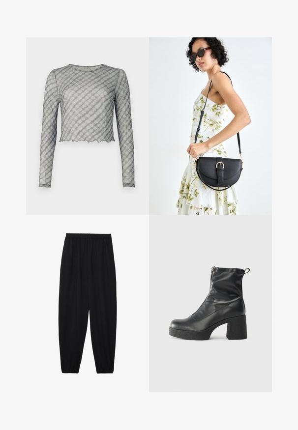 Langärmliges, kurzes Oberteil aus durchsichtigem Grau mit hellen diagonal gestreiften Mustern. Verfügt über einen runden Hals und einen gewellten Saum. Weicher Stoff, figurbetonte Form.; Schwarze, leichte Hosen mit einem elastischen Bund und gerafften Knöcheln. Der Stoff ist glatt und hat ein entspanntes, schmal zulaufendes Design.; Schwarze Stiefeletten aus glattem Leder mit seitlichem Reißverschluss, klobigem strukturiertem Absatz und runder Zehenform.; Schwarze Lederhandtasche mit geschwungener Form, abnehmbarem Tragegurt und goldenen Beschlägen. Die Tasche verfügt über einen Deckel mit einer Schnallen-Details.