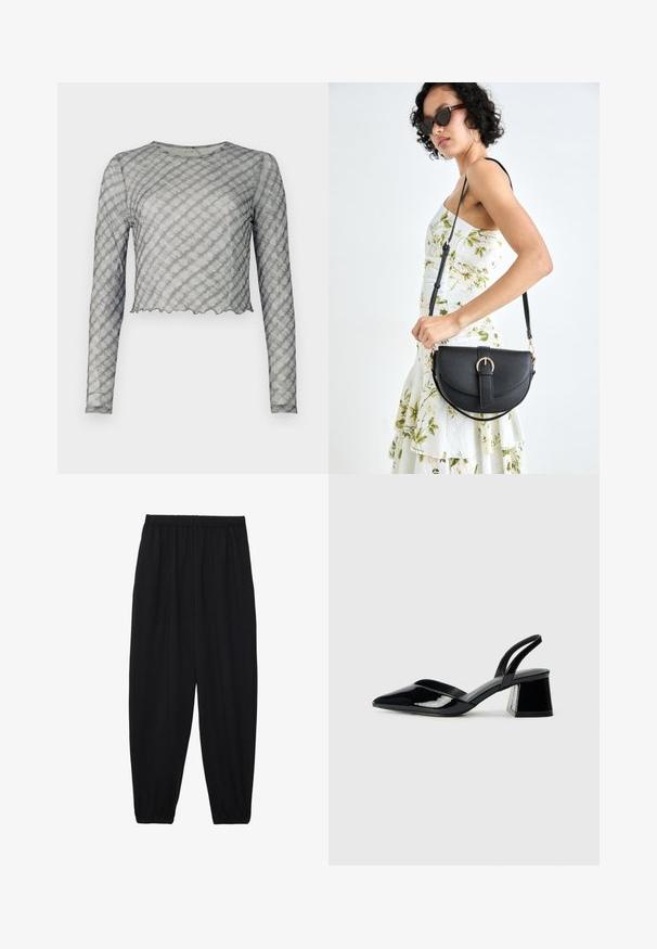 Lange mouwen, cropped top in transparant grijs met lichte diagonale strepen. Kenmerkt zich door een ronde hals en een geschulpte zoom. Zachte textuur, aangesloten pasvorm.; Zwarte, lichte broek met een elastische tailleband en gathered enkels. De stof is glad en heeft een ontspannen, taps toelopend ontwerp.; Zwarte gepatineerde leren slingback hakken met een spitse neus en een geometrische blokhak. Kenmerkt zich door een slank, minimalistisch ontwerp en een gladde textuur.; Zwarte leren handtas met een gebogen vorm, afneembare schouderband en gouden hardware. De tas heeft een klep met een gespsluiting.