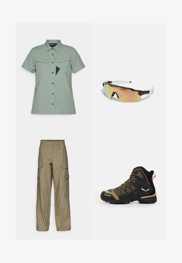 Košile s krátkým rukávem, na knoflíky, světlezelené barvy, se dvěma kapsami na hrudi, černými knoflíky a logem s modrým akcentem a trojúhelníkovým designem.; Kargo kalhoty v olivově zelené tkanině, které mají volný střih, více bočních kapes a knoflíkový uzávěr v pase. Hladká textura.; Poloviční výšky turistická bota v černé a olivově zelené barvě, s textilním svrškem, gumovou podrážkou a texturovanými akcenty, obsahující zadní poutko.; Sluneční brýle s černobílým rámem, velkými zrcadlovými čočkami ve zlatých a růžových odstínech, aerodynamický design a prodloužený vnější okraj.