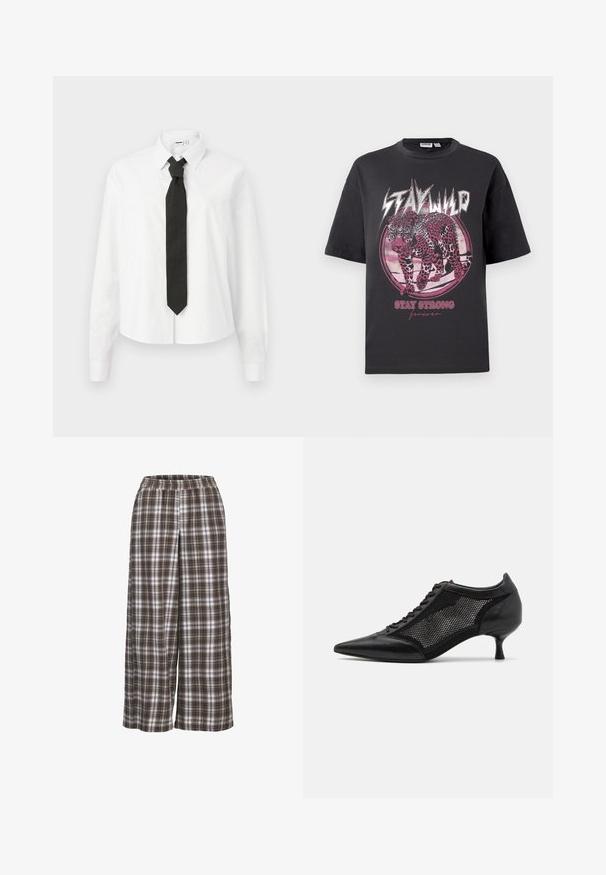 Camisa branca de manga longa com colarinho estruturado e uma gravata preta, apresentando uma textura de algodão suave e um design de frente abotoada.; T-shirt de algodão preto com mangas curtas. Apresenta uma gráfica de leopardo rosa, design circular, e texto: "MANTÉM-TE LIVRE" e "MANTÉM-TE FORTE para sempre."; Calças largas de xadrez em castanho, branco e cinza; cintura elástica; tecido macio; apresenta um padrão clássico de xadrez.; Shoe preto de bico fino com um design de painel em malha, apresentando um salto baixo e amarração na parte da frente. Feito de uma combinação de couro e material de malha.