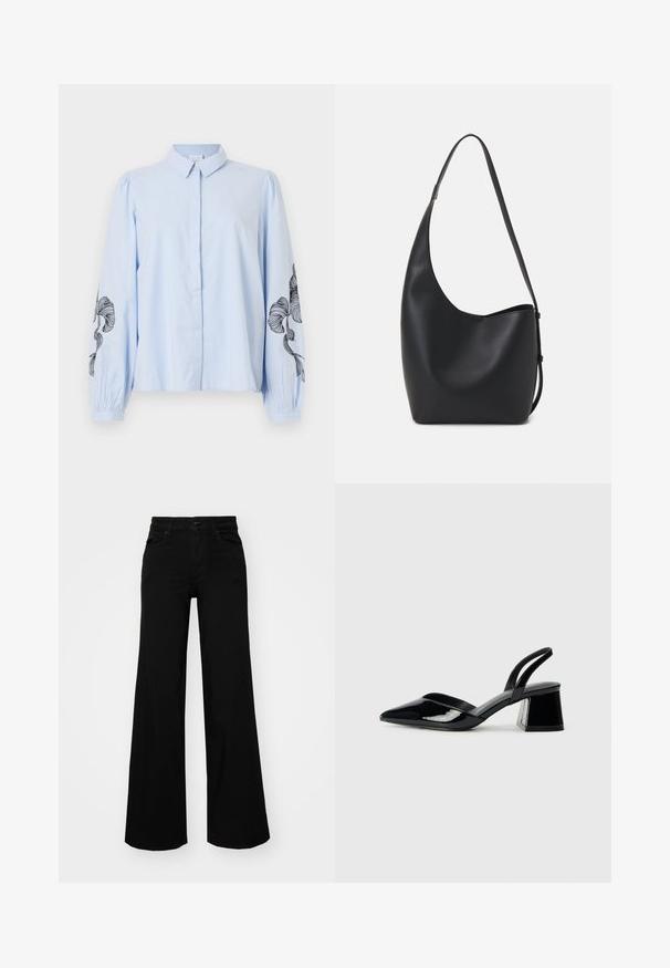 Ανοιχτό μπλε πουκάμισο με μακριά φουσκωτά μανίκια που έχουν μαύρες κεντητές floral σχέδια στα εξωτερικά μανίκια. Μαλακό βαμβακερό υλικό.; Μαύρο παντελόνι με φαρδιά μπατζάκια από τζίν, με δομημένη μέση, θηλιές ζώνης και μπροστινές τσέπες. Λείος υφασμάτινος σχεδιασμός με κλασική εμφάνιση.; Μαύρα πατεντέ δερμάτινα γοβάκια slingback με μυτερή μύτη και γεωμετρικό τακούνι. Έχουν κομψό, μινιμαλιστικό σχέδιο και λεία υφή.; Μαύρη δερμάτινη tote τσάντα με λείο υφή, καμπύλο σχήμα και μία ρυθμιζόμενη ζώνη. Διαθέτει μεγάλη άνοιγμα στην κορυφή.