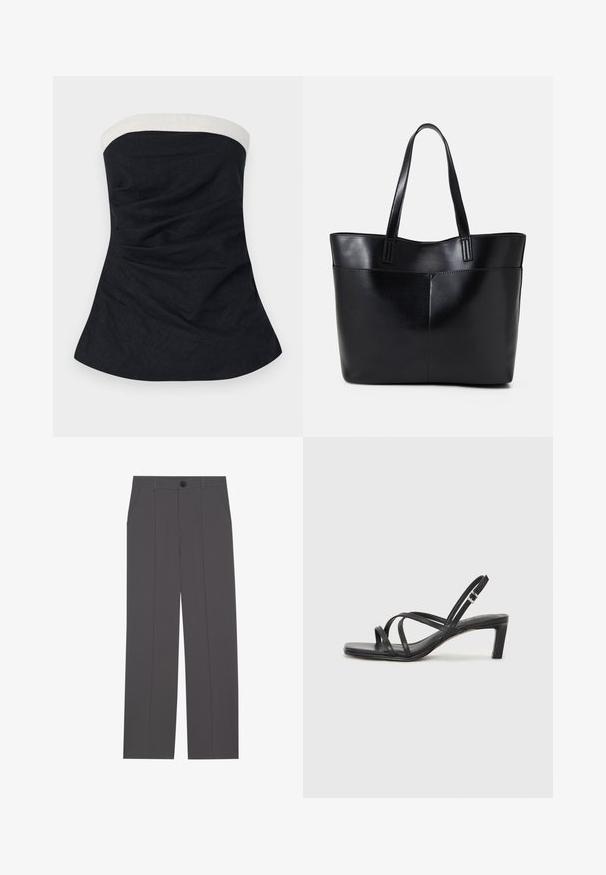 Ermeløs topp laget av mørkeblått stoff med en hvit halslinning. Har en jevn tekstur og en tettsittende, noe utsvingt fasong.; Grå bukser med rette ben, med to sidelommer og knappestenging. Glatt stoff uten synlige mønstre eller detaljer.; Sorte sandaler med stropper, firkantet tå og lav blokk hæl. Har flere tynne stropper og en justerbar ankelstropp. Laget av glatt lær.; Svart lær toteveske med to lange håndtak, en glatt tekstur og en strukturert form. Har en frontlomme for ekstra oppbevaring.