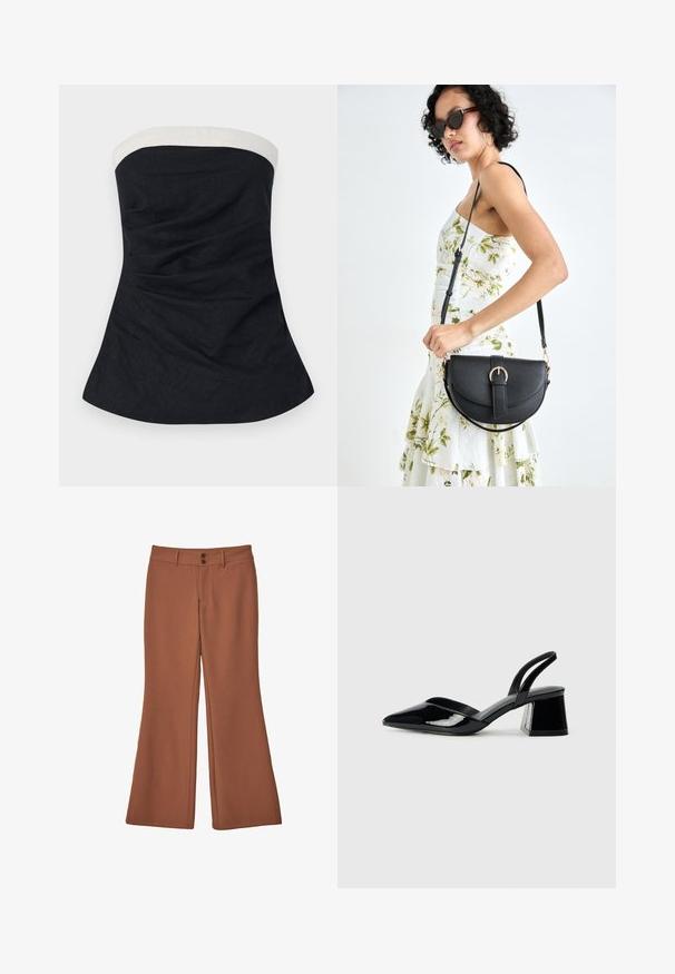 Top brez naramnic, izdelan iz temno modrega blaga z belim izrezom. Ima gladko teksturo in prilega se telesu, rahlo razširjenega kroja.; Rjave, široke hlače iz mehkega blaga. Imajo dva sprednja gumbka in gladko teksturo brez vidnih vzorcev ali dodatkov.; Črne lakirane slingback pete s koničastim nosom in geometrijsko blokasto peto. Imajo eleganten, minimalističen dizajn in gladko teksturo.; Črna usnjena torbica s ukrivljeno obliko, z odstranljivo naramnico in zlatimi dodatki. Torbica ima pokrov s podrobnostmi v obliki zaponke.