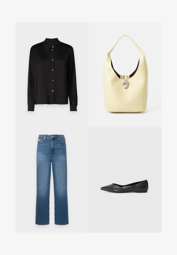 Svart långärmad skjorta med klassisk krage, med knäppning framtill med blå knappar och ett slätt, strukturerat tyg.; Blå denimjeans med hög midja och raka ben, lätt blekta, med framfickor, knappstängning och hällor för bälte. Mjuk textur och klassisk design.; Svart läderballettskor med spetsig tå, låg klack och slät yta. Minimalistisk design med en subtil sidopunkt.; Hobo-väska i mjukt gult läder med rundad form. Har en slät yta, mörk foder och en silverfärgad detalj vid stängningen.