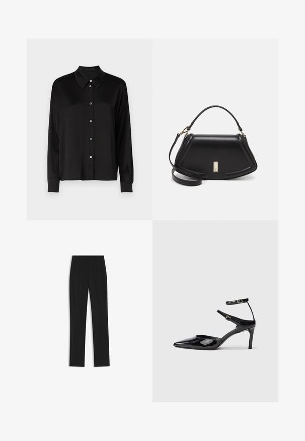 Svart långärmad skjorta med klassisk krage, med knäppning framtill med blå knappar och ett slätt, strukturerat tyg.; Svarta skräddarsydda byxor med rak bendesign, som har framfickor och ett slätt, strukturerat tyg. Prydlig, minimal detaljer.; Svarta lackskinnshälar med spetsig tå, justerbara ankelremmar och en smal klack. Slät textur med en glänsande yta.; Svart läderhandväska med en strukturerad design, som har en avskuren form, ett handtag upptill och guldiga detaljer. Justerbar axelrem ingår.