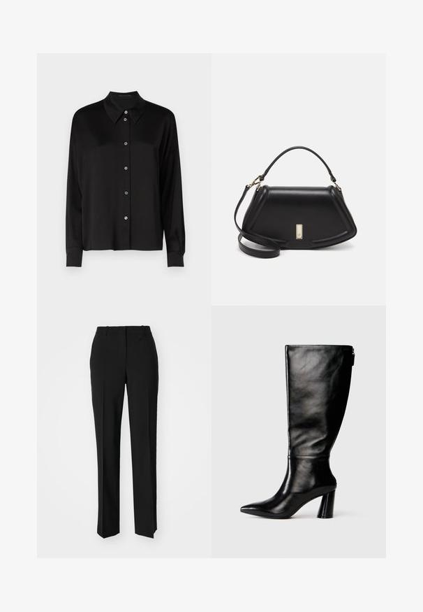 Black long-sleeve shirt with a classic collar, featuring a button-up front with blue buttons and a smooth, textured fabric.; Black tailored trousers with a straight-leg design, featuring a smooth texture and crisp creases along the front. No visible hardware.; Knee-high black leather boot with a pointed toe, smooth texture, and a chunky heel. Features a zipper detail at the back.; Black leather handbag with a structured design, featuring a cropped shape, top handle, and gold hardware accent. Adjustable shoulder strap included.