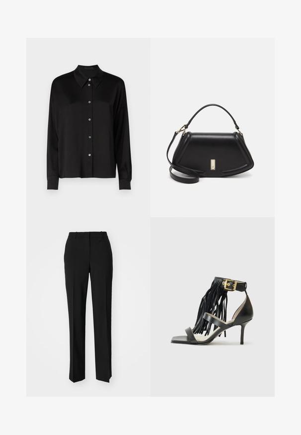 Black long-sleeve shirt with a classic collar, featuring a button-up front with blue buttons and a smooth, textured fabric.; Black tailored trousers with a straight-leg design, featuring a smooth texture and crisp creases along the front. No visible hardware.; Black high-heeled sandal with fringed detail, ankle strap featuring gold hardware, flat square toe, and two crossing straps across the vamp.; Black leather handbag with a structured design, featuring a cropped shape, top handle, and gold hardware accent. Adjustable shoulder strap included.