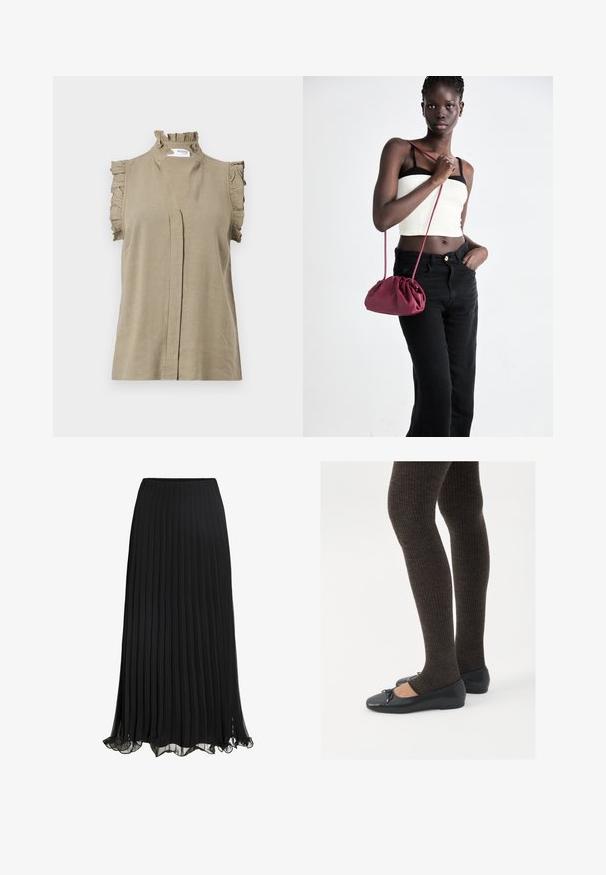 Khaaki ujjatlan felső, könnyű anyagból készült, ráncolt dekoltázzsal és válldíszekkel, finom elülső redő részlettel.; Fekete, redőzött maxi szoknya könnyű anyagból, áramló kialakítással. Ráncos szegéllyel és kényelmes gumis derékrésszel rendelkezik.; Fekete lapos cipők kis masni díszítéssel az orrán, sötétbarna bordázott harisnyával párosítva. A cipők sima textúrával és alacsony profilúak.; Burgundy puha anyagú kézitáska, ráncolt dizájnnal és hosszú pánttal, keresztben hordva. A modellen fehér rövid top és fekete farmer van.