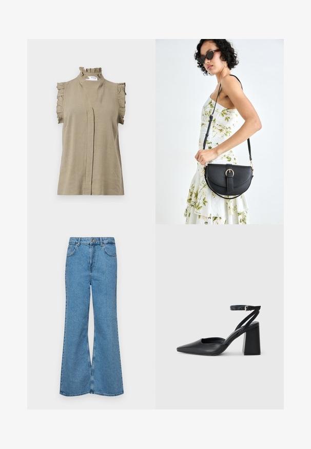 Khaki sleeveless top made of lightweight fabric, featuring a ruffled neckline and shoulder accents, with a subtle front pleat detail.; Light blue flared jeans made of denim, featuring a high waist, five pockets, and a single button closure. Soft texture with faded finish.; Black leather pointy-toe pump with an ankle strap and a chunky heel. Flat texture, sleek design, and minimalistic aesthetics.; Black leather handbag with a curved shape, detachable strap, and gold hardware. The bag features a flap with a buckle detail.