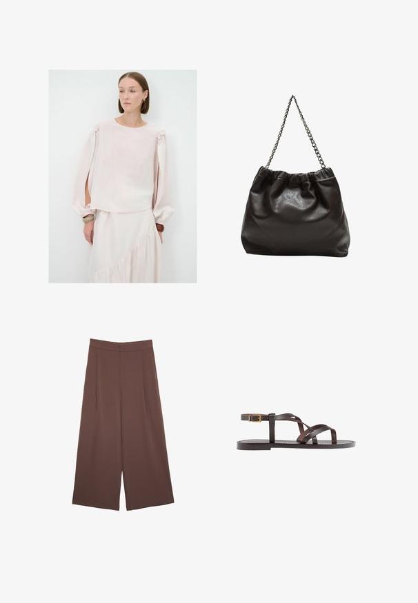 Lyserød bluse med lange, puffede ærmer og skulderbånd. Fremstillet af blødt, gennemsigtigt stof med en afslappet fit og rund halsudskæring.; Brune bredbunde bukser med en glat tekstur, der har høj talje og plisseringer foran. Stoffet er let og falder løst.; Brune lædersandal med krydsende stropper, ankelspænde og en flad sål med minimale syninger.; Brun lædertaske med en rynket top og en kædestrop. Glat tekstur med en blank finish og subtile sømdetaljer på siderne.