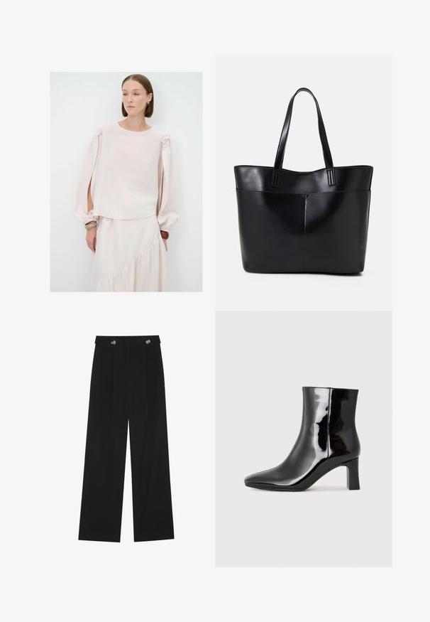 Lyserød bluse med lange, puffede ærmer og skulderbånd. Fremstillet af blødt, gennemsigtigt stof med en afslappet fit og rund halsudskæring.; Sorte vide bukser med høj talje, knapdetaljer på taljebåndet og frontfald.; Sort lakeret ankelstøvle med spids tå og en midt-højde blokhæl. Glat tekstur og minimalistisk design.; Sort læder tote taske med to lange håndtag, en glat tekstur og en struktureret form. Har en forlommem for ekstra opbevaring.