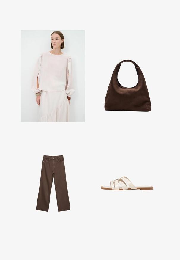 Světle růžová blůza s dlouhými, nabránými rukávy a vázáním na ramenech. Vyrobená z měkké, průsvitné látky s volným střihem a zaobleným výstřihem.; Hnědé džíny s širokými nohavicemi vyrobené z denimu, s vysokým pasem, předními kapsami a klasickým zapínáním na knoflík. Hladká textura s jemným švem.; Ploché sandály s hnědou gumovou podrážkou, navržené se třemi překrývajícími se bílými koženými řemínky a malým mašlí uprostřed.; Měkká hnědá kabelka ve stylu hobo s jedním širokým popruhem a zakřiveným horním otvorem, vystavená na bílém pozadí.