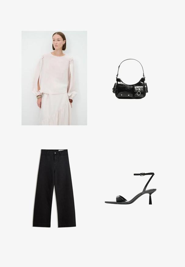 Lyserød bluse med lange, puffede ærmer og skulderbånd. Fremstillet af blødt, gennemsigtigt stof med en afslappet fit og rund halsudskæring.; Sorte wide-leg denim bukser med høj talje, der har front- og baglommer, syede sømme og en knaplukning. Glat tekstur.; Bershka Højhælede sandaletter / Højhælede sandaler - black; Sort patenteret læder håndtaske med en buet form, en skulderrem, frontlommer og hardware accenter i sølvfarve.