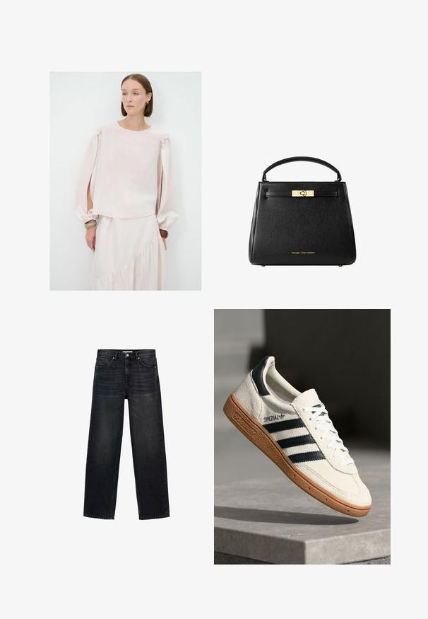 Vaaleanpunainen paita, jossa on pitkät puffihihat ja olkahihnat. Valmistettu pehmeästä, läpikuultavasta kankaasta, jossa on rento istuvuus ja pyöristetty pääntie.; Mustat avarat farkut, valmistettu denimistä. Ominaisuuksiin kuuluu viisi taskua, vetoketjukiinnitys nappikiinnityksellä ja hienovarainen kuluminen edessä.; Valkoinen nahan näköinen sneaker, jossa on tummansinisiä raitoja, kuminen pohja, teksturoitu yläosa, pyöreä kärki ja nauhoitus; sisältää brändäystä sivussa ja kielekkeessä.; Musta nahkainen käsilaukku, jossa on rakenteellinen muotoilu, ylhäällä kantokahva ja kultasävyinen solki. Varustettu teksturoidulla pinnalla, jossa on kohokuvioitu logo.