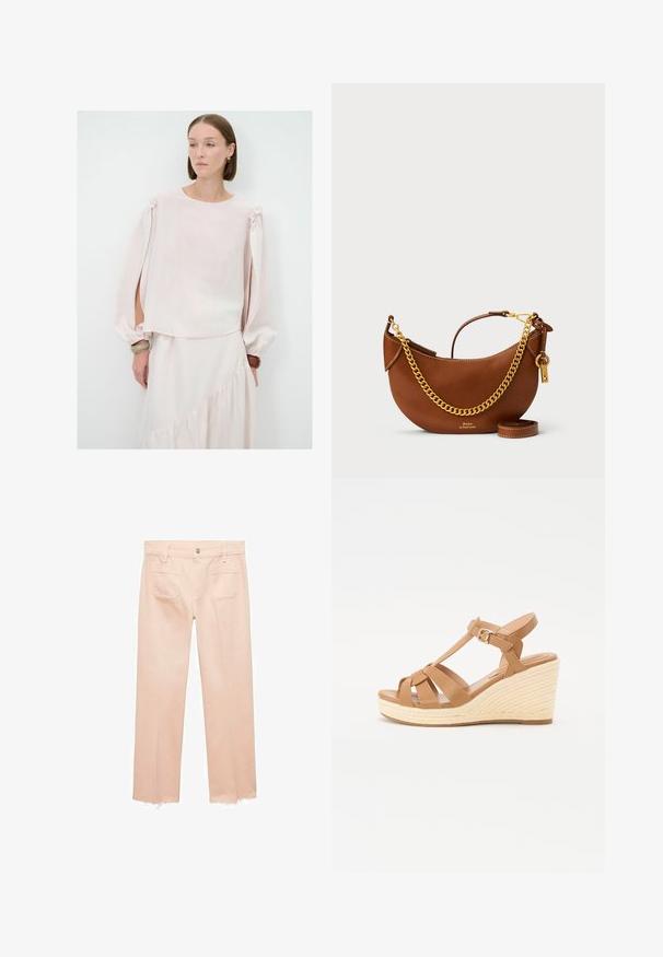 Lyserød bluse med lange, puffede ærmer og skulderbånd. Fremstillet af blødt, gennemsigtigt stof med en afslappet fit og rund halsudskæring.; Lyserøde bukser med lige ben-design, lavet af bomuld, med to baglommer og rå kanter for et afslappet look.; Brune kile sandaler med tværgående stropdesign, justerbar ankelspænde og en tekstureret vævet espadrille-stil kile.; Brun læderhandtaske med et buet design, guld kædestropp, indvendig lomme og en aftagelig skulderrem. Har kontrastsyning.