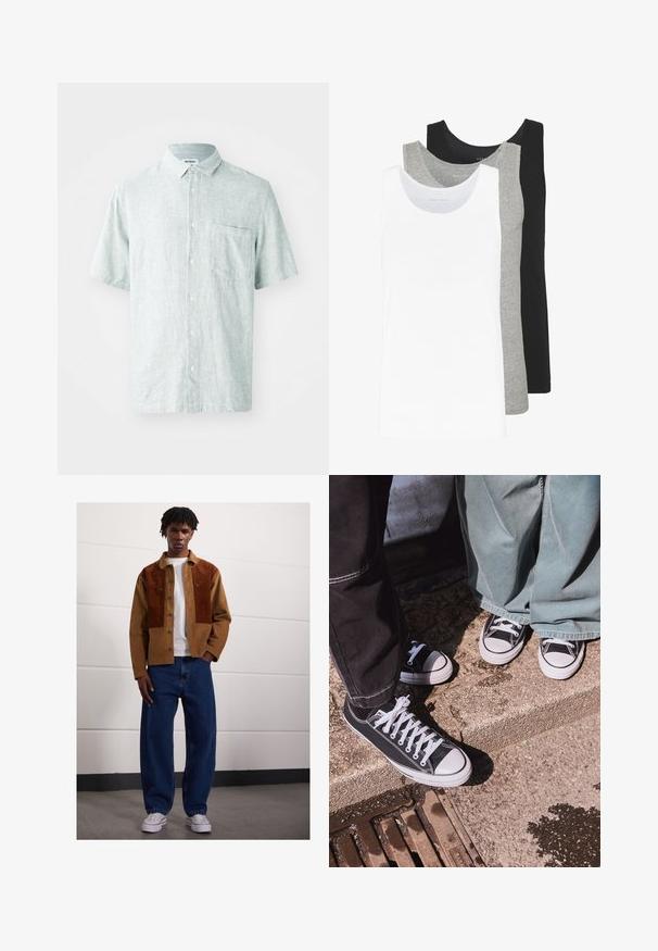 Lühikeste varrukatega, kraega särgid helesinisest roheline, valmistatud tekstuuriga kangast. Omab ühte rinna taskut ja valgeid nuppe.; Kolme topit valgest, hallist ja mustast. Igaühel on klassikaline varrukateta disain, valmistatud kergest puuvillalisest kangast, millel on soonikstruktuur.; Mees seisab siseruumides, kandes pruuni rubriikjakki roosteplekkidega, valget T-särki, lahtisi siniseid teksaseid ja valgeid spordijalanõusid.; Mustad musta kangaga madalate tossudega, valgete kummist varvaste ja paeltega, kombineerituna laia rohelise denimpüksiga, tekstureeritud kivi pinna peal.